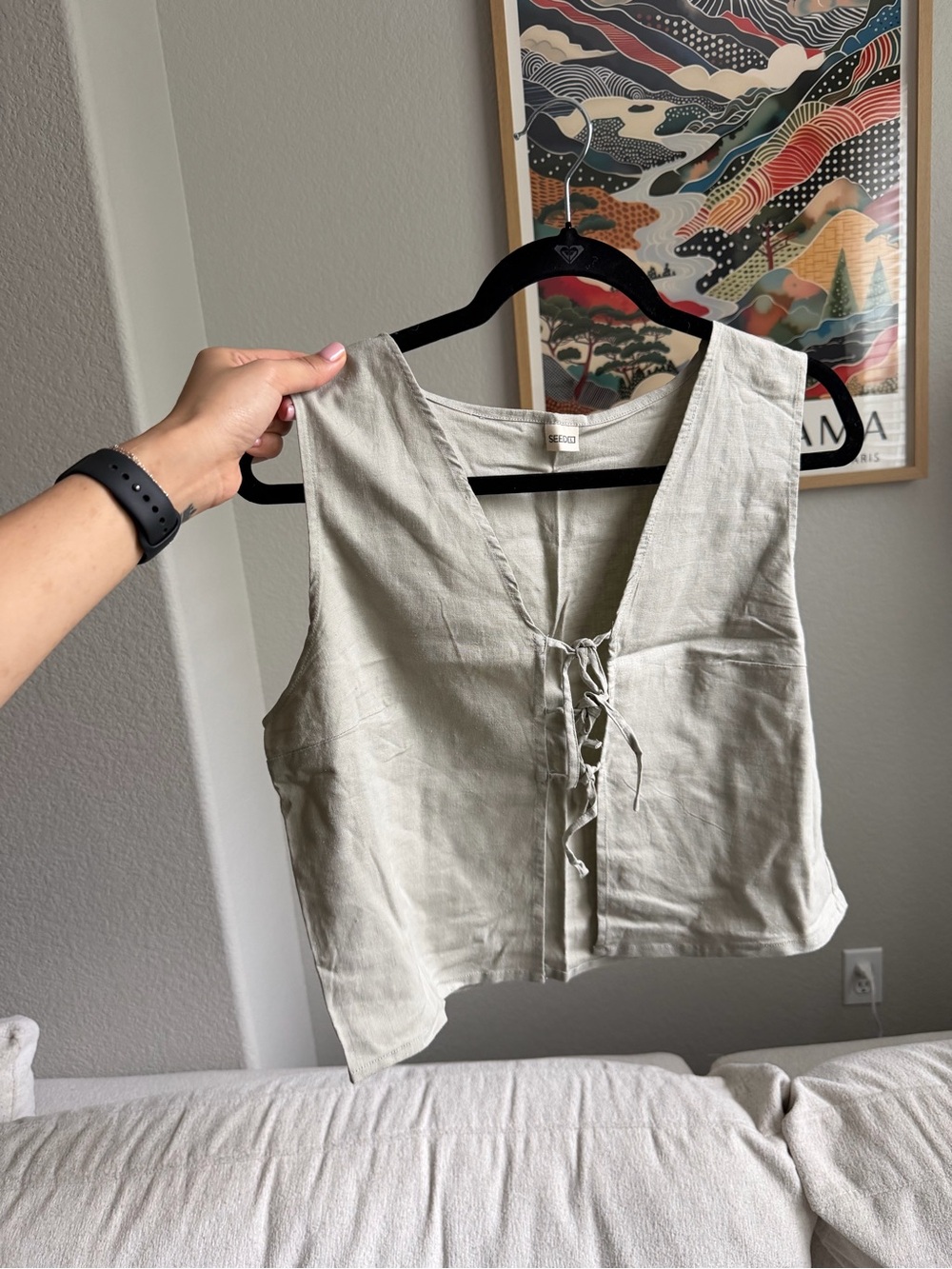 Sage Green Linen-Blend Lace-Up Crop Top